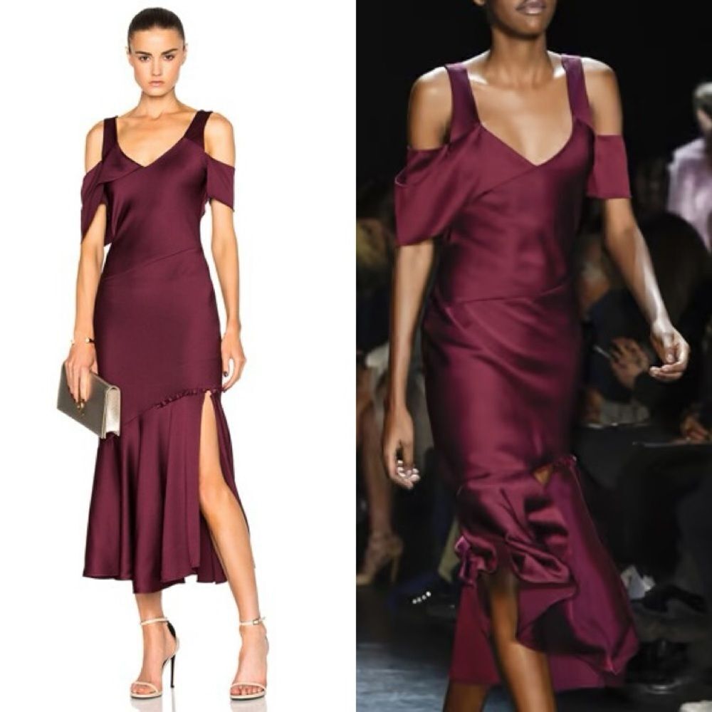 Prabal Gurung Midi Merlot Dress Hammered Purple Wine Draped Shoulder Size 0